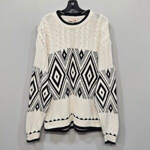 Vintage 90s The Fox Collection Sweater Medium Cream Black Geometric Cable Knit